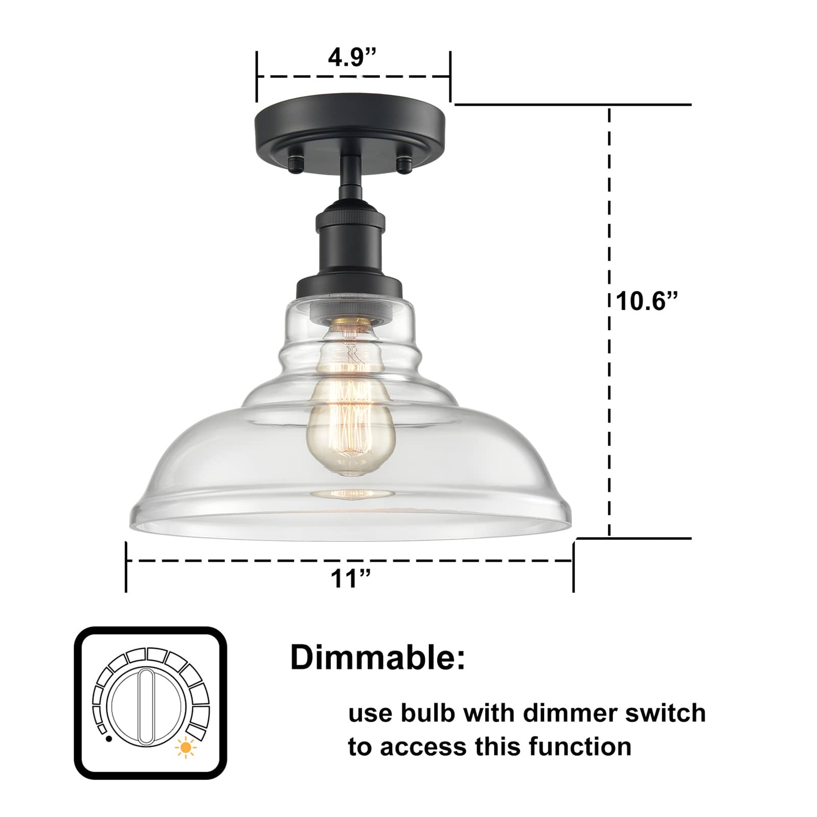 Industrial Farmhouse Ceiling Light Glass Dome Shade Black