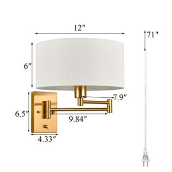 Farmhouse Plug in Sconces Set of Two Brass Swing Arm Wall Lamp with Fabric Shade