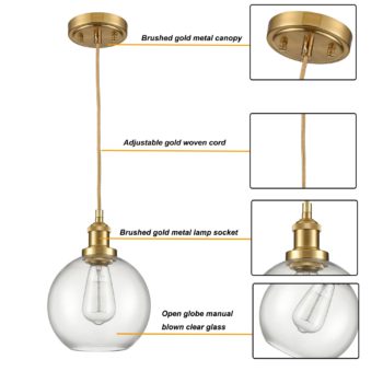 Modern Brushed Gold Metal Adjustable Pendant Light with Globe Glass Shade 4
