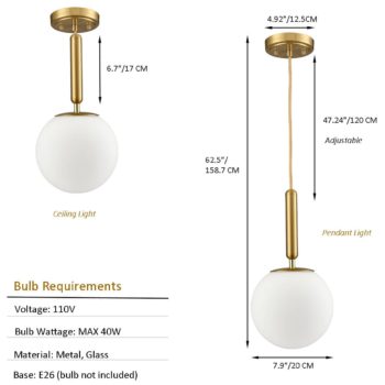 Modern Gold Pendant Lighting for Kitchen Island Globe Milky Glass 7.9 Inch
