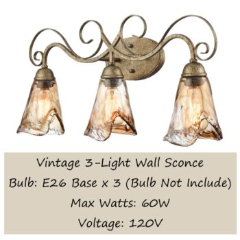 Bathroom Vintage Vanity Light Amber Glow Glass Shade - 3 Light