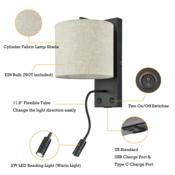 Black Bedroom Wall Lamp with USB Charging Port + Reading Light