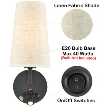Black Wall Sconces with Beige Fabric Shade USB Port Switch Wall Light