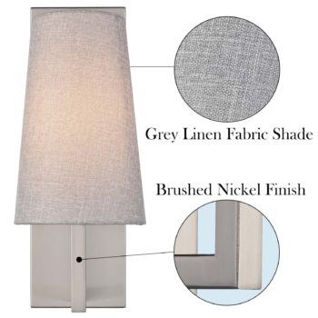Brushed Nickel Wall Sconce with Grey Fabric Shade 2 Pack
