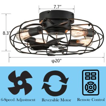 Industrial Black Caged Ceiling Fans with Lights and Remote Flush Mount