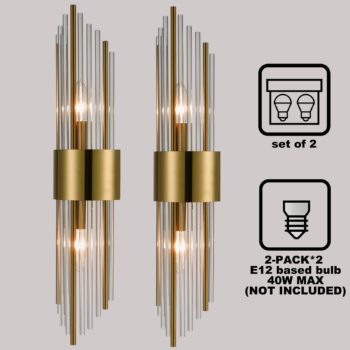 Modern Gold Metal Wall Sconce with Crystal Clear Glass Rods for Bathroom Set of 2 5