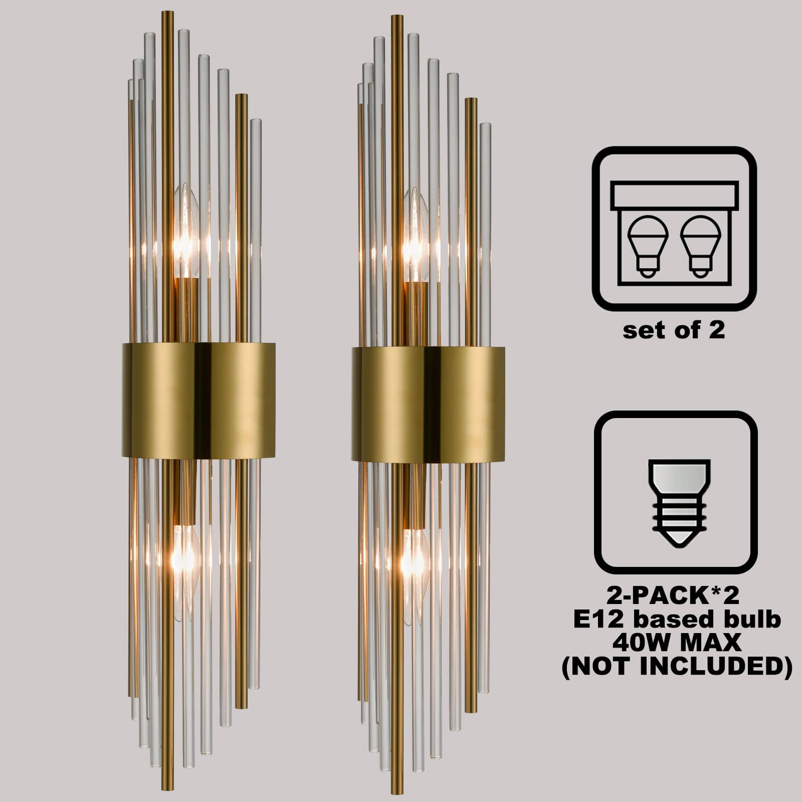 Gold Brass Wall sconce with Glass Rods Set of 2 Claxy