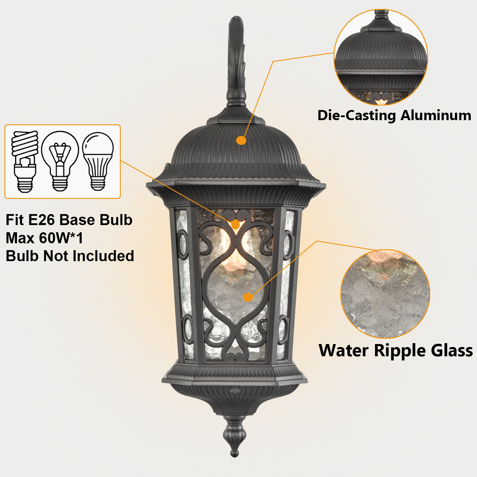 Outdoor Wall Light Fixture Black Exterior Wall Lantern Waterproof CLAXY