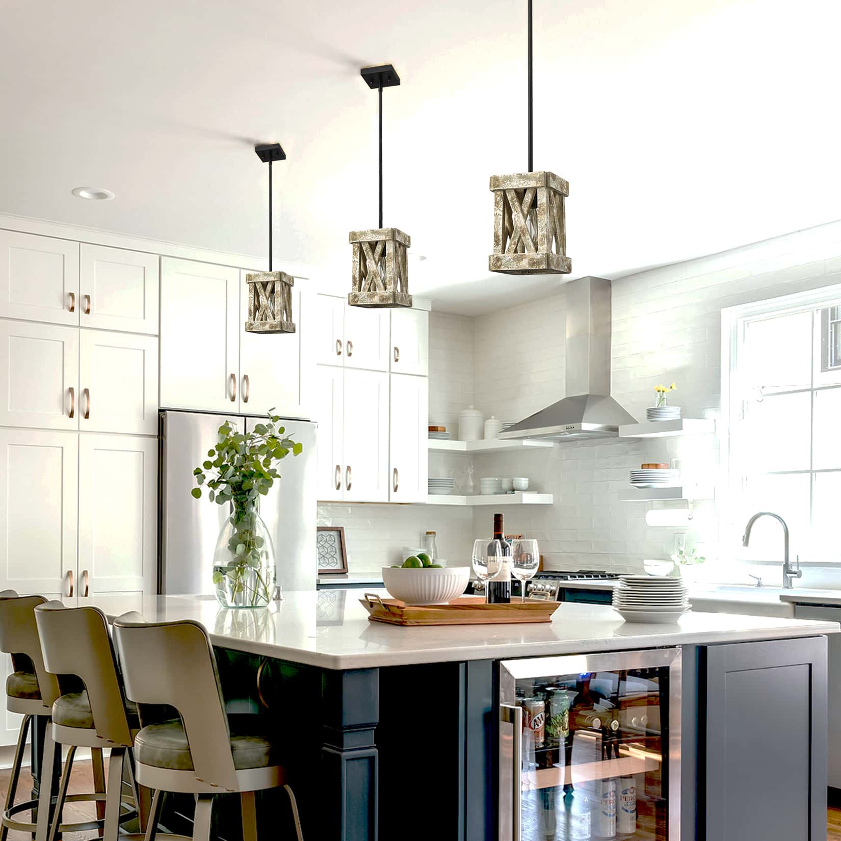 Farmhouse Wood Pendant Light Fixture Black Finish Claxy