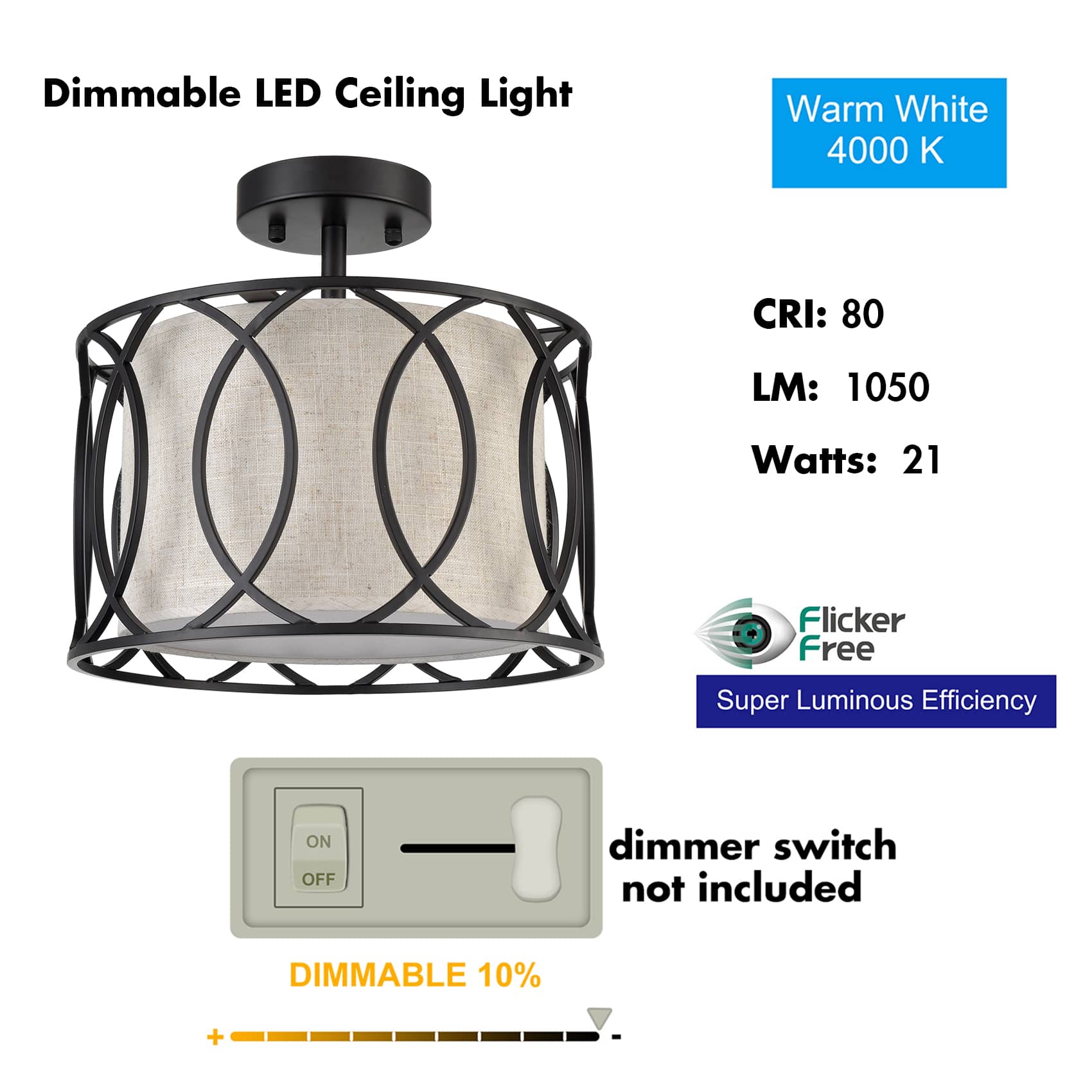 Black LED Dimmable Ceiling Light Fabric Shade Claxy