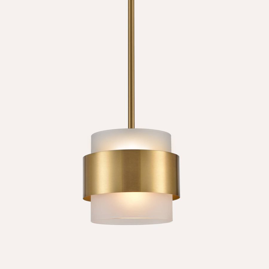 Modern Brass Pendant Light with Frosted Glass Shade Hanging Rod
