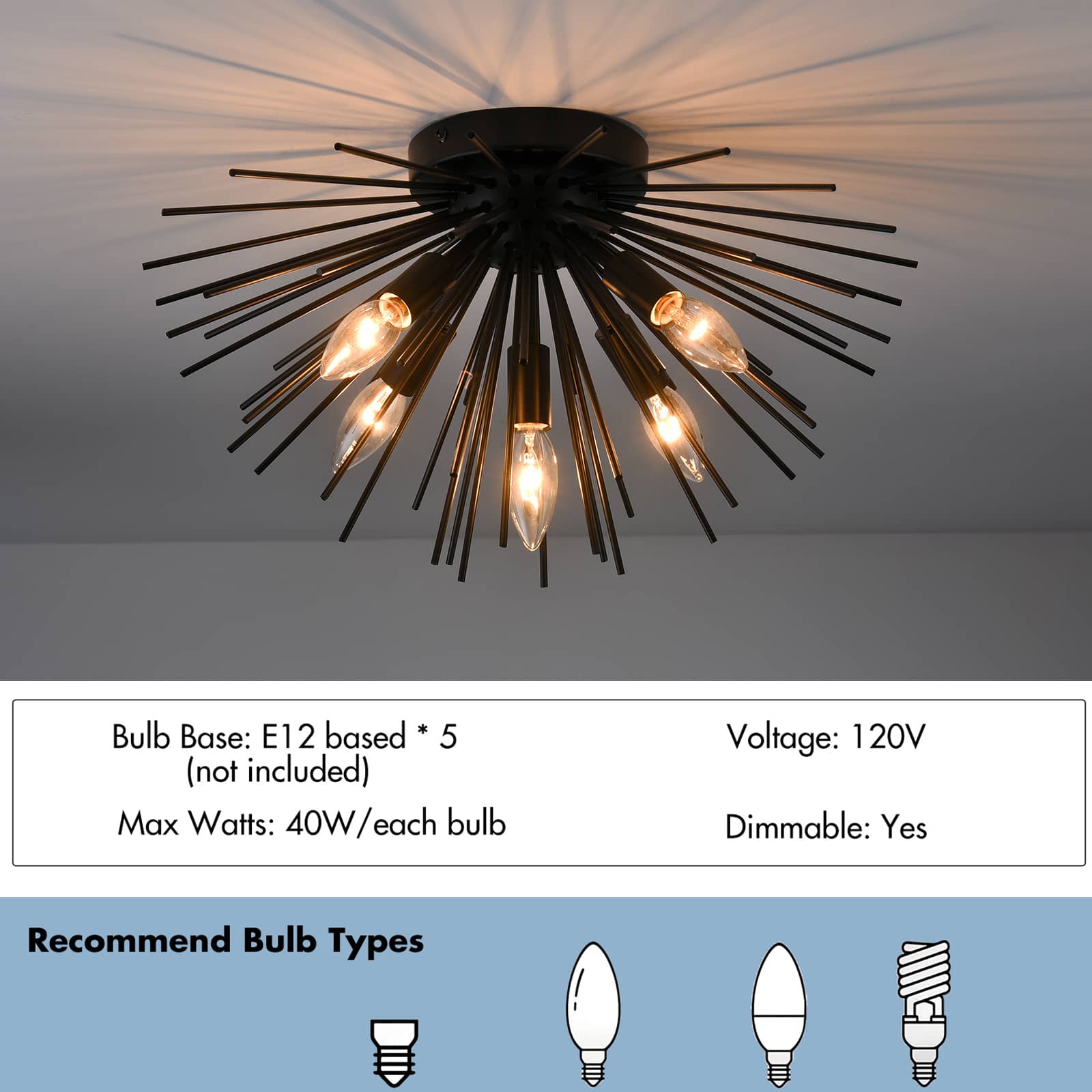 QAREHL Chandeliers Ceiling Lights, 6 Arm Sputnik Ceiling Light for Living Room Modern Black Pendant Light, Sputnik Chandelier for Bedroom, Dining Room, Kitchen, Hallway, E27 Socket